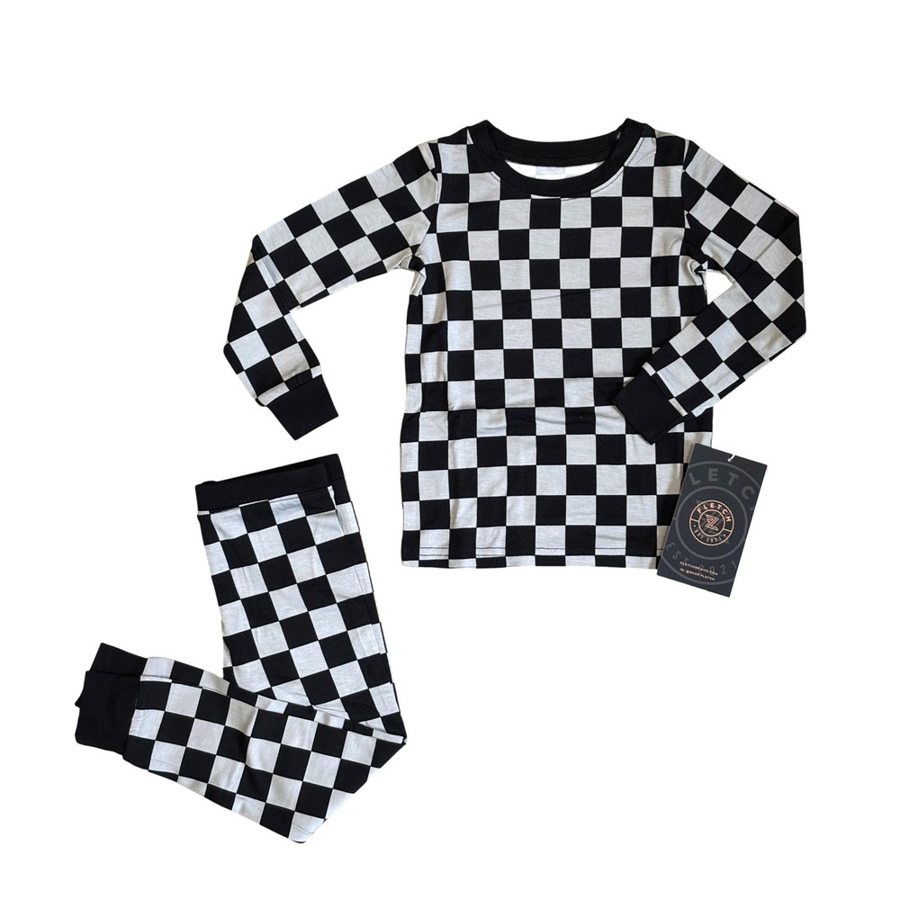Fletch Kids Checked Out Bamboo Pajamas Set Black Gray 2pc Sleepwear 18-24M NWT